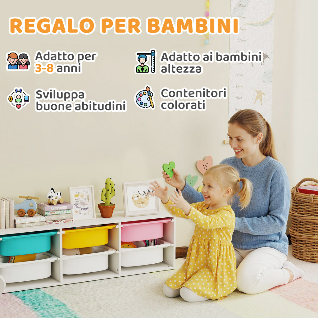 AIYAPLAY Children's Wooden Toy Storage Shelf with 6 Removable Plastic Bins, Multicolor