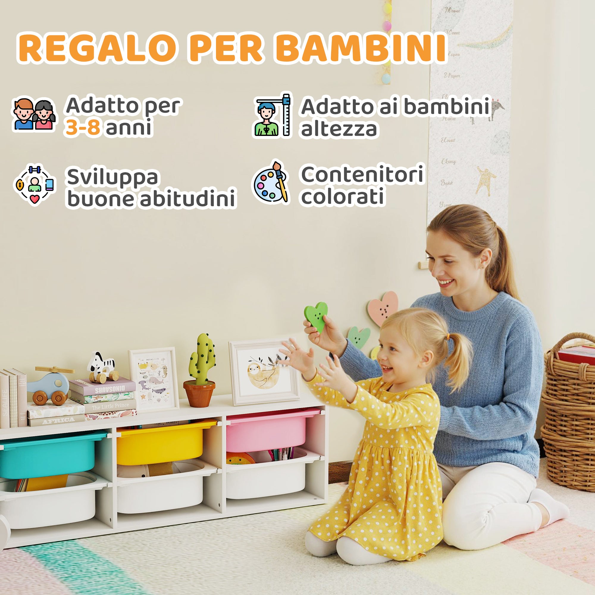 AIYAPLAY Children's Wooden Toy Storage Shelf with 6 Removable Plastic Bins, Multicolor