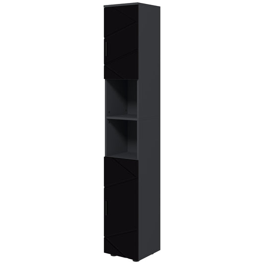 kleankin Bathroom Column in Chipboard with 2 Open Shelves and 2 2-Tier Cabinets, 30x30x183 cm, Black and Gray - Borgè