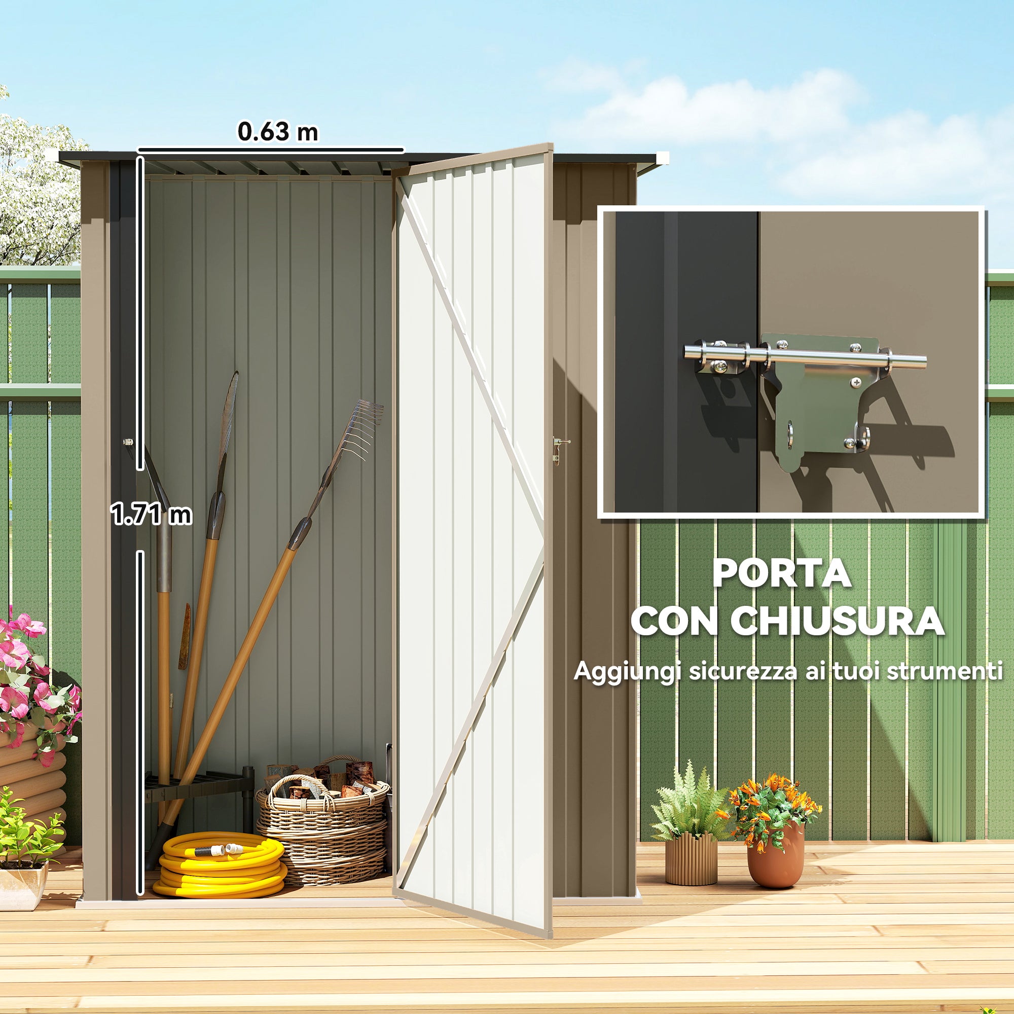 Outsunny Metal Tool Shed with Sloped Roof and Lockable Door, 142x86x189 cm, Brown
