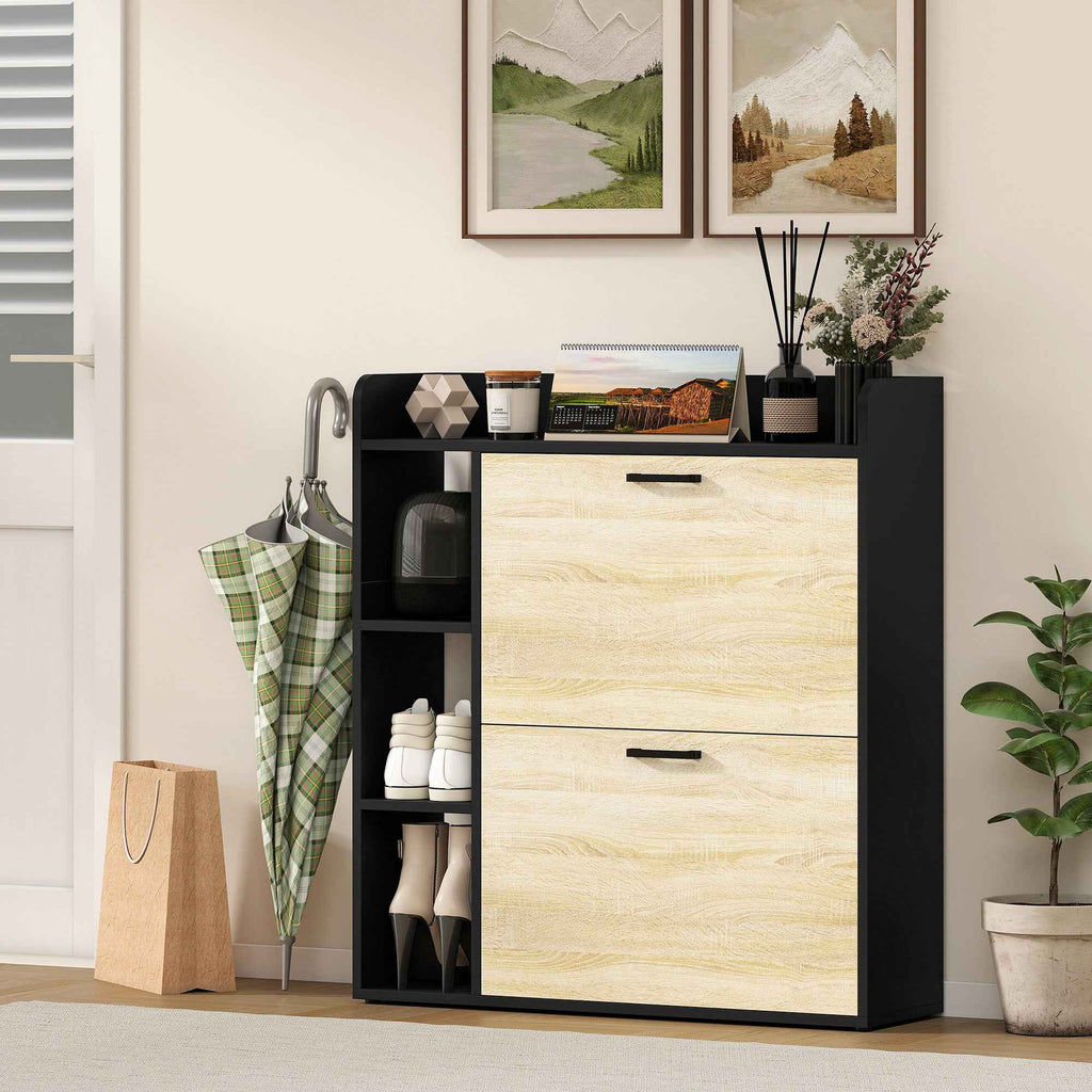 HOMCOM Slim Shoe Rack with 2 Tilting Drawers and 3 Open Compartments, Capacity 15 Shoes, 83x24x90.5 cm, Black