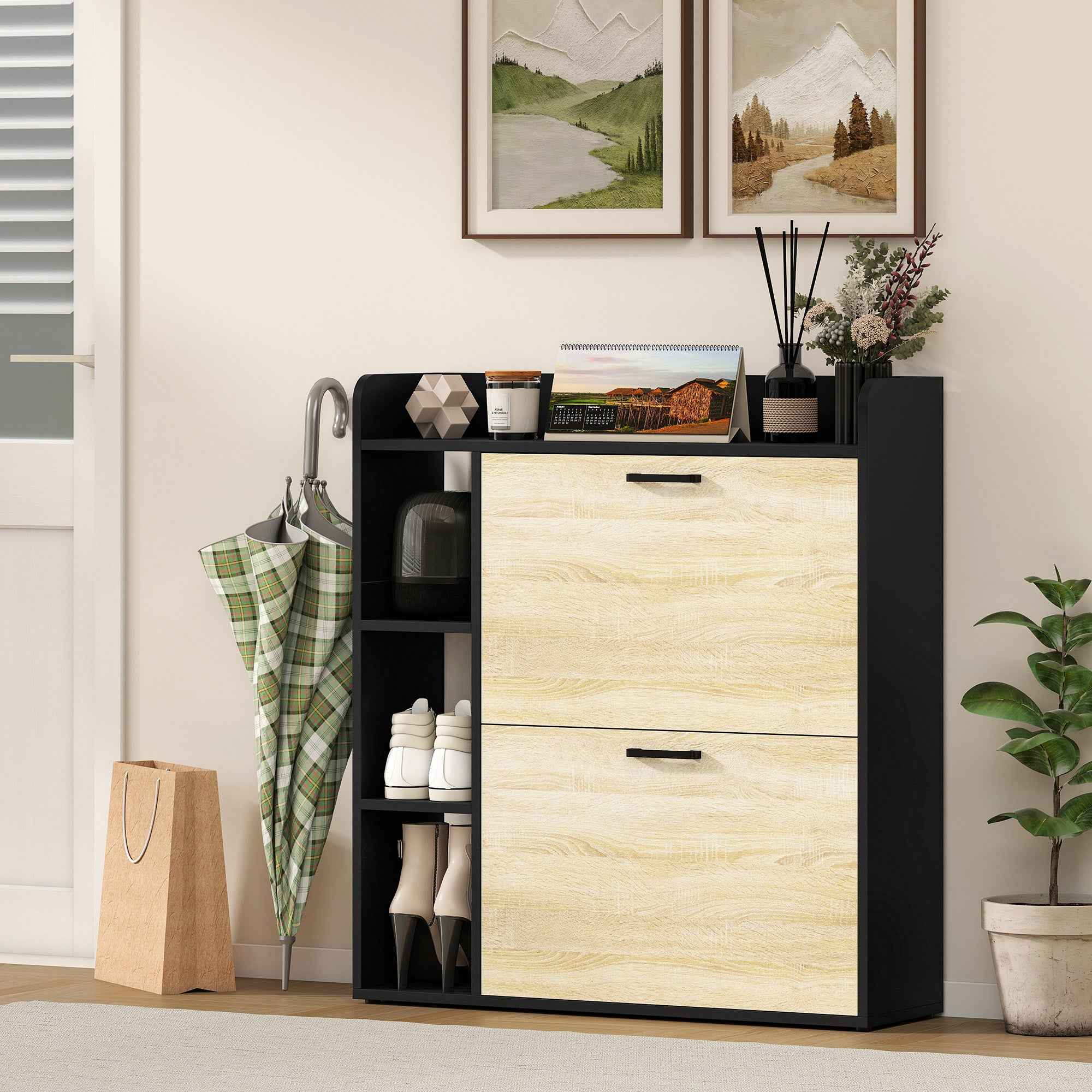 HOMCOM Slim Shoe Rack with 2 Tilting Drawers and 3 Open Compartments, Capacity 15 Shoes, 83x24x90.5 cm, Black