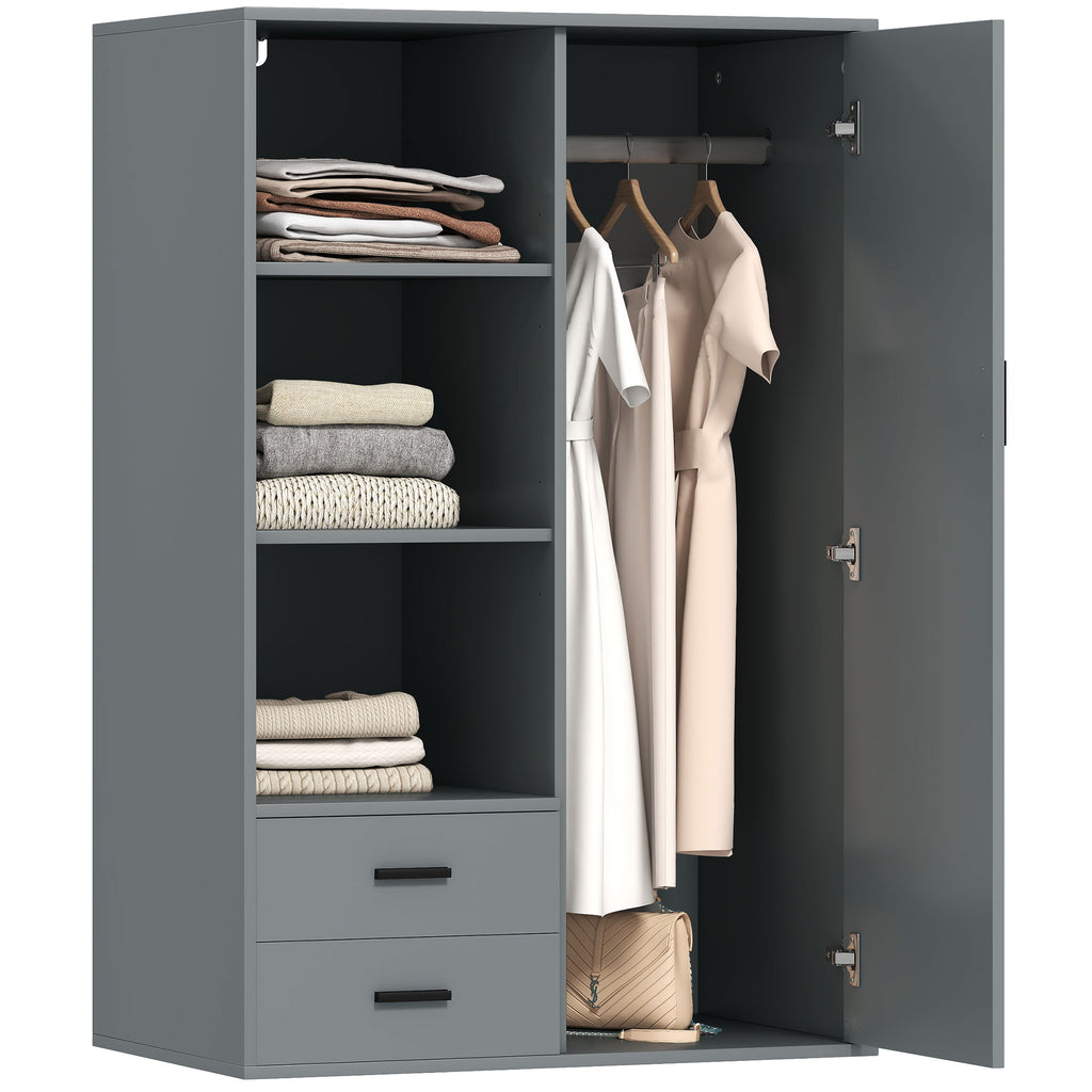 Modern Wardrobe with 2 Drawers, Open Shelves and Hanging Space, 80x50x124 cm, Dark Grey