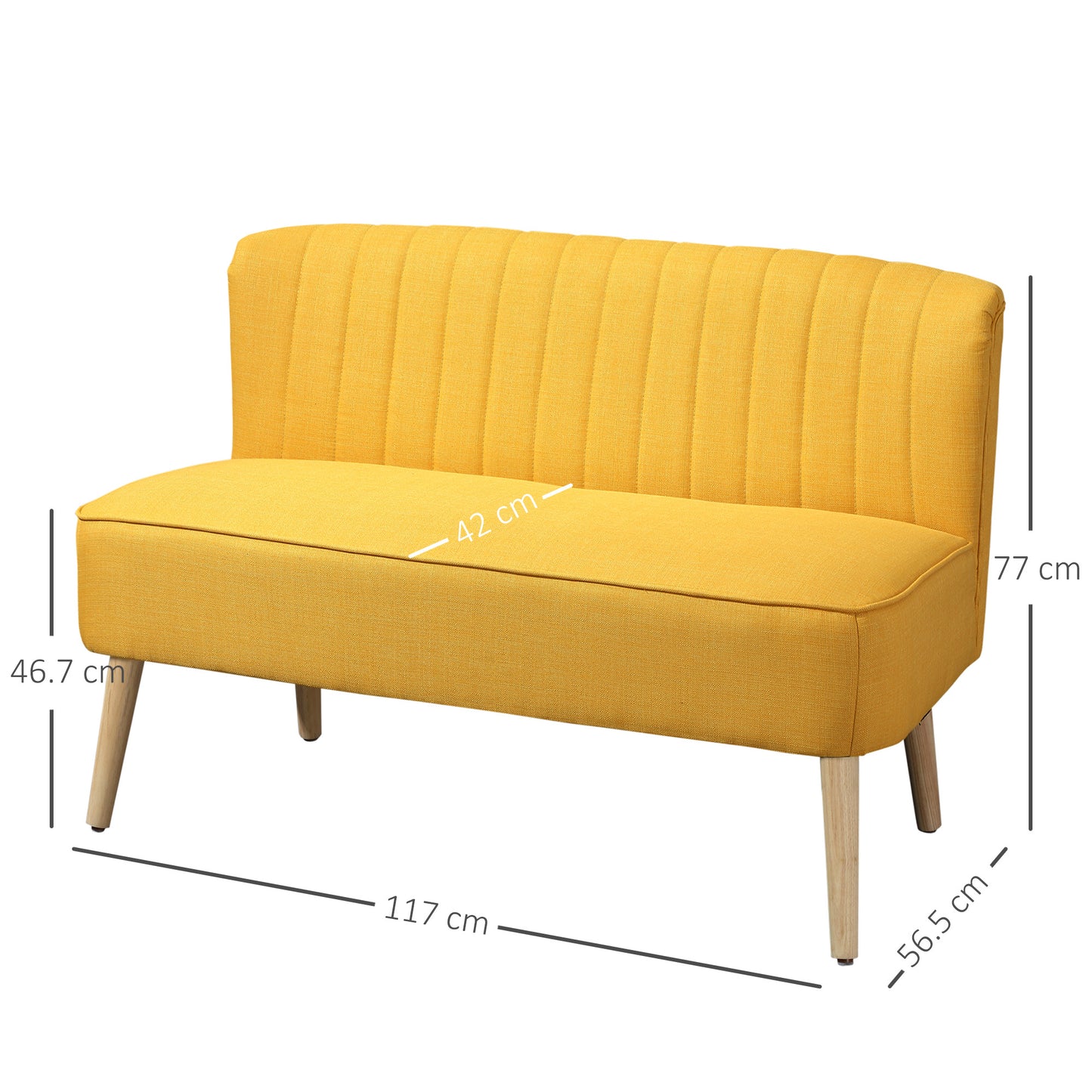 Modern 2 Seater Fabric Sofa without Armrests with Wooden Legs, 117x56.5x77 cm, Yellow