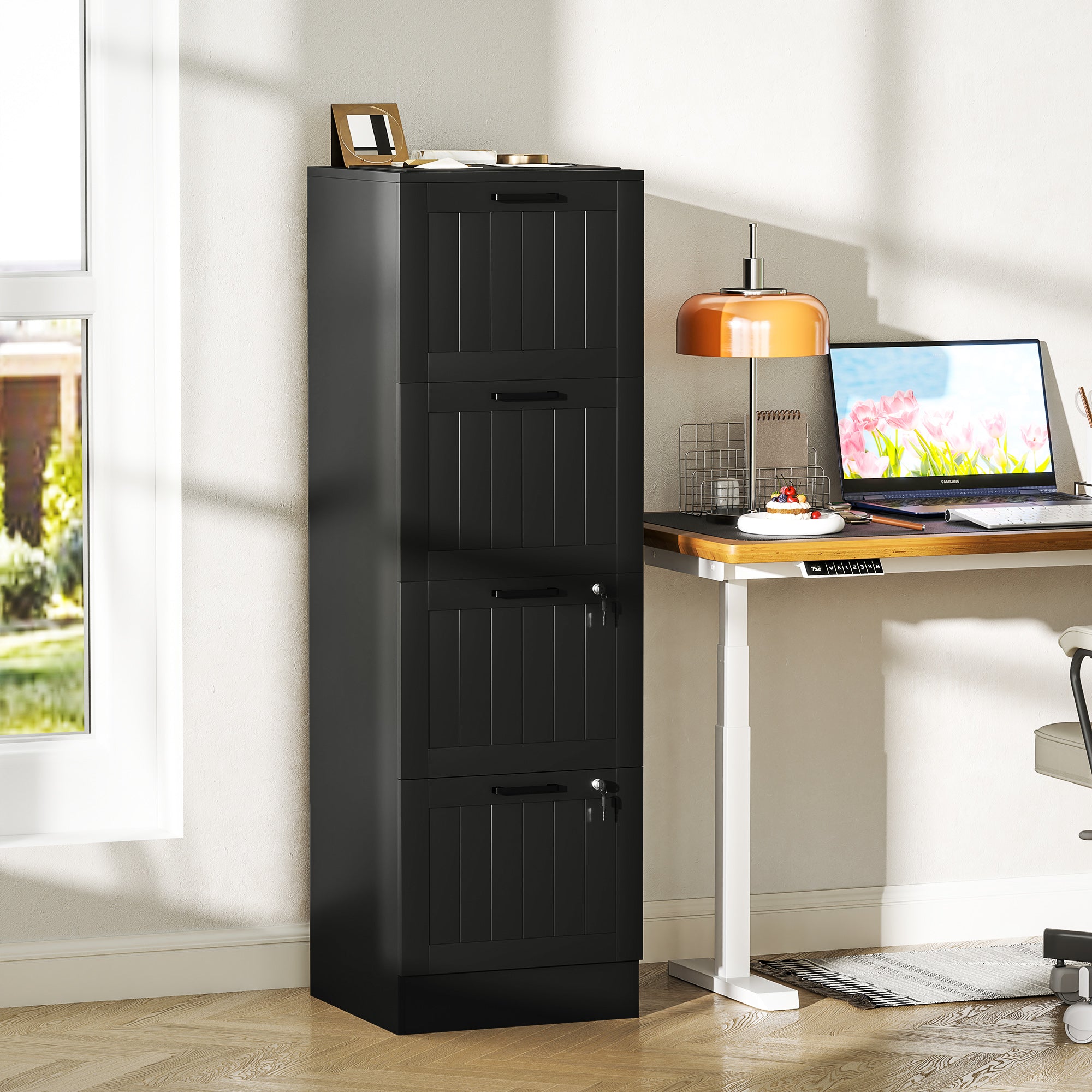 4-Drawer File Cabinet with Adjustable Rail and 2 Locks, Wooden, 40x40x131 cm, Black