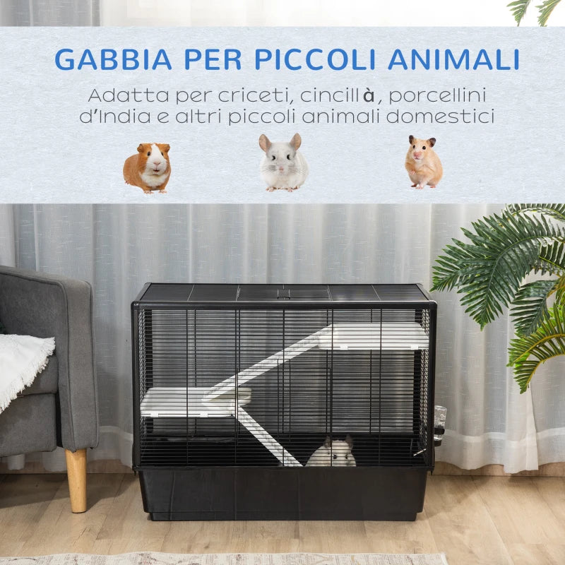 Guinea Pig Cage with Handle, Water Tank, Ramp and Tray, 80x48x58cm, Black - Borge' Group Limited