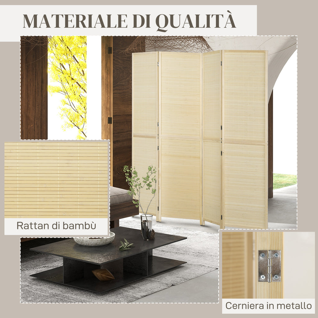 HOMCOM Folding Interior Screen with 4 Doors, Rattan Bamboo Room Divider, 180x1.6x180 cm - Borgè