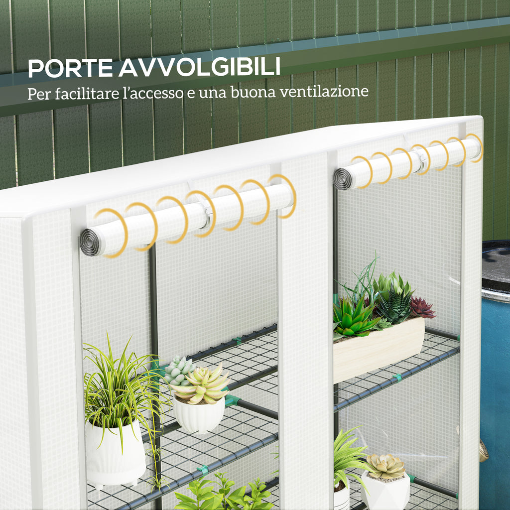 Outsunny Garden Greenhouse with 2 Roll-Up Doors, 3-Tier Shelving and Side Pockets, White and Gray