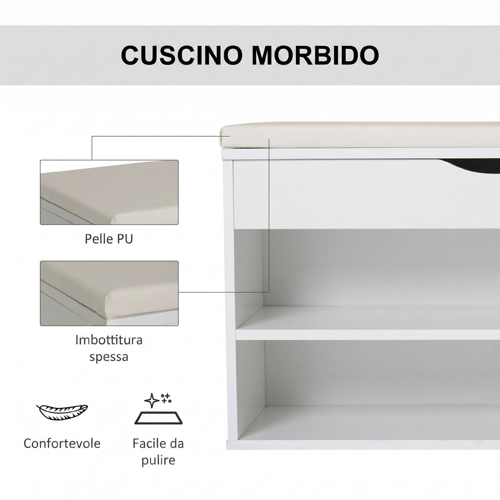 HOMCOM Shoe Bench, Space-Saving Entryway Shoe Rack with Folding Padded Seat, Wood, 80x30x47cm, White