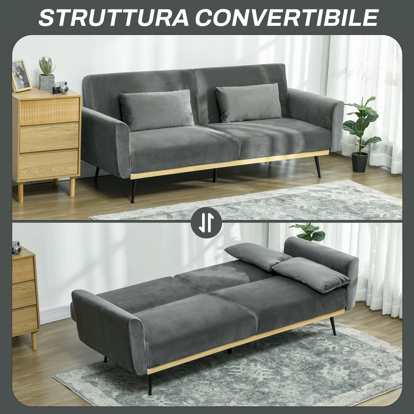 LASKA - 3 Seater Sofa Bed with Click Clack Design and 2 Cushions, in Velvet Effect Fabric, 206x81x83 cm, Grey