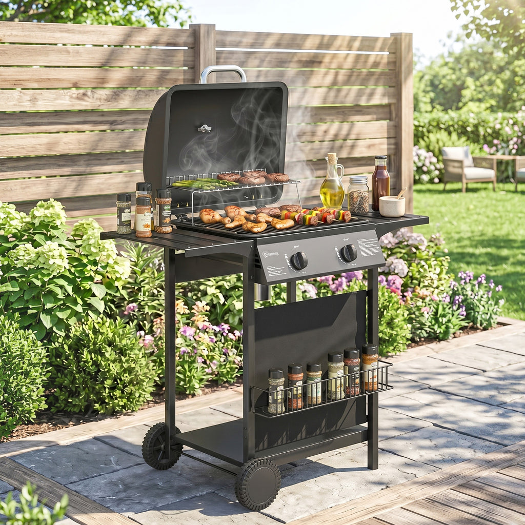 Outsunny Gas Barbecue, 2 Burners, Side Tables, Grease Tray, Black.