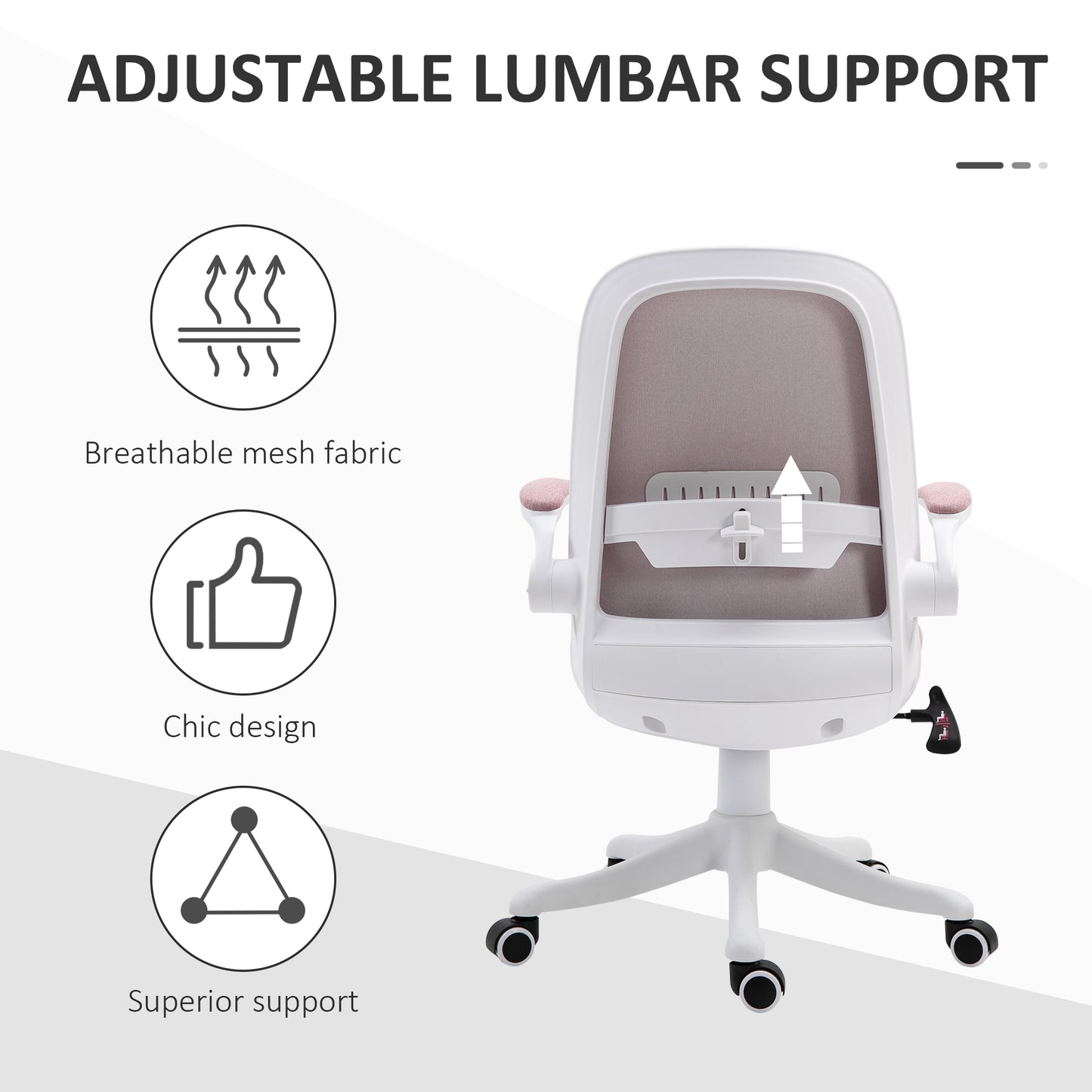 Ergonomic Office Chair with Adjustable Height, in Velvet Effect Fabric, 62.5x60x94-104 cm, White and Pink