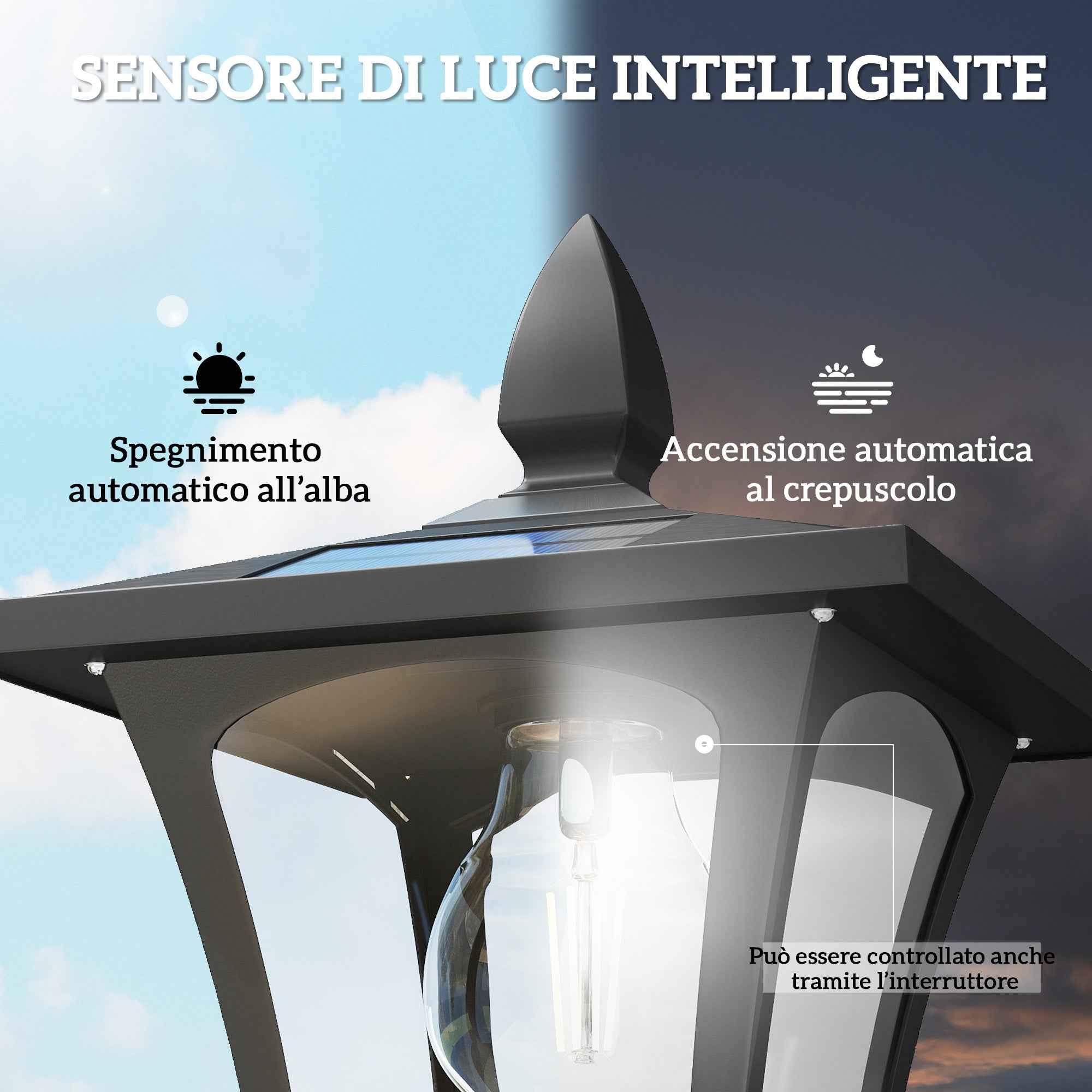 Outsunny 1.6m Solar Garden Lamp Aluminum, Automatic Switch-On, IP44 Waterproof, Black