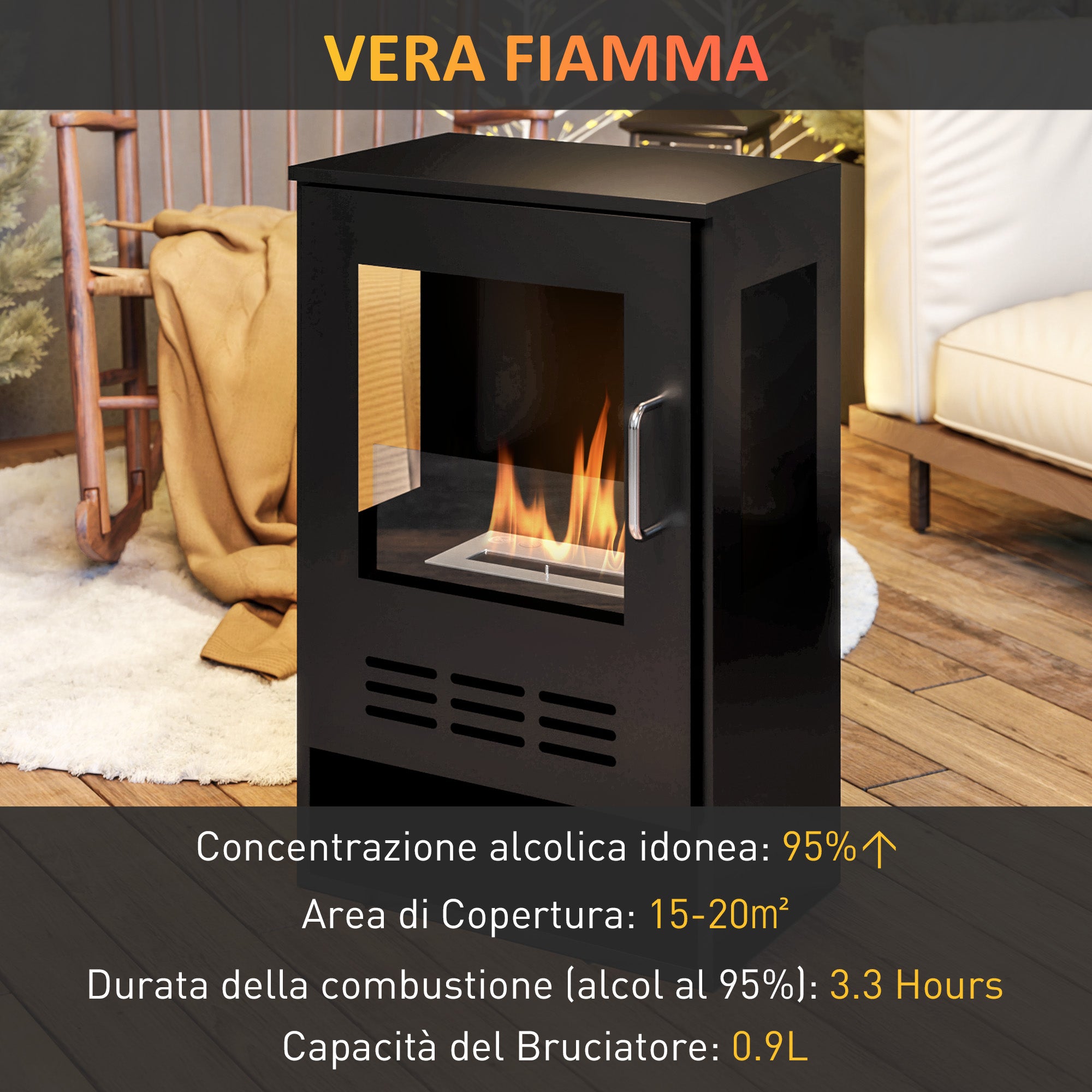 Freestanding Bioethanol Fireplace with 0.9L Burner and 3.3 Hour Duration, 44x28x68 cm, Black