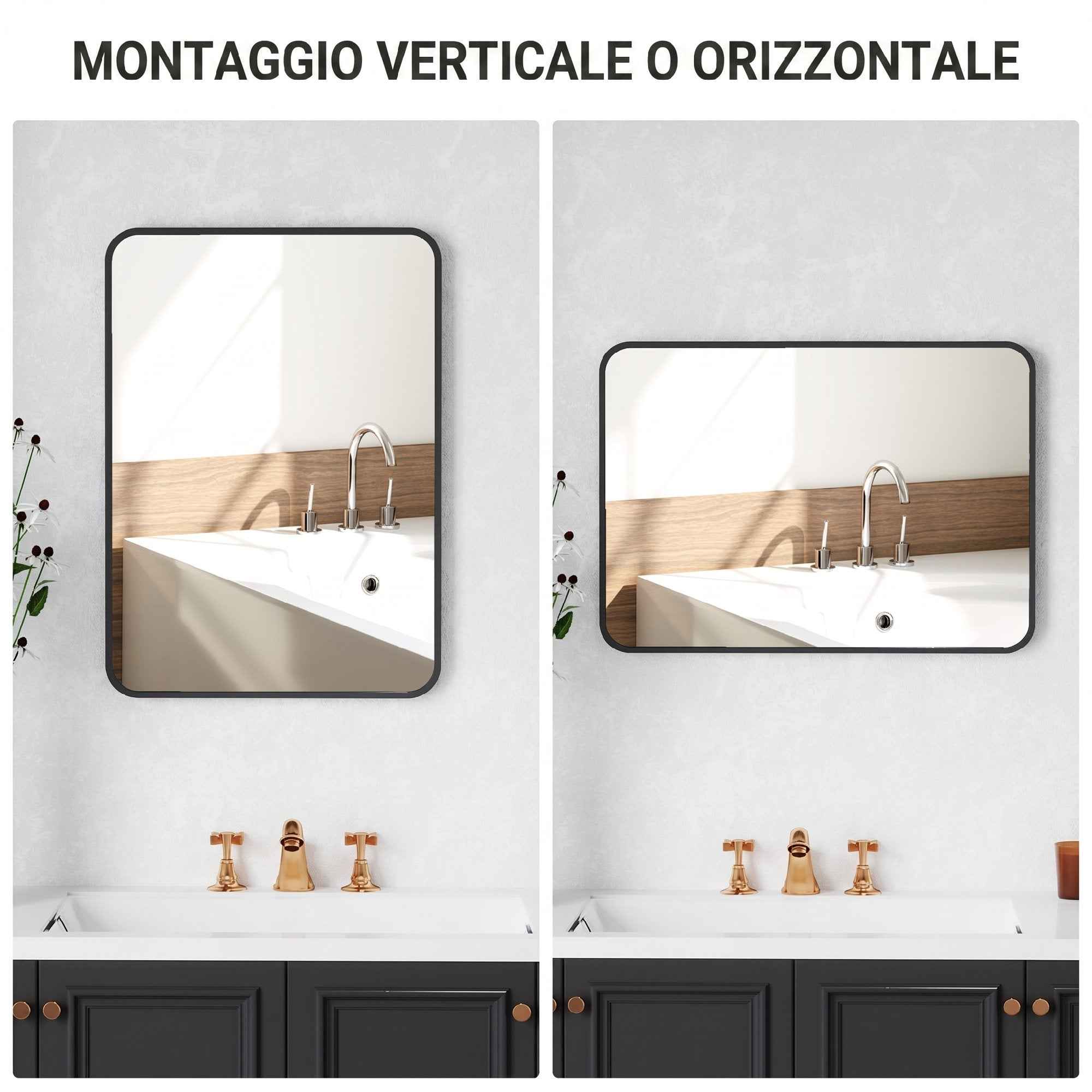 HOMCOM Bathroom Mirror with Metal Frame and Hook, 50x2.5x70 cm, Black