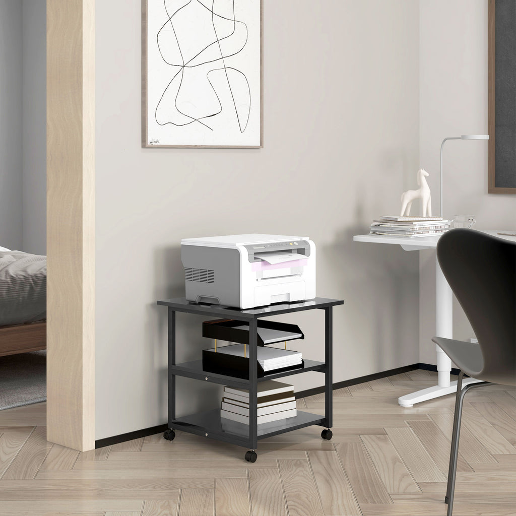 3-Tier Printer Cart with 4 Wheels, Wood and Steel, 50x50x52.5cm, Black