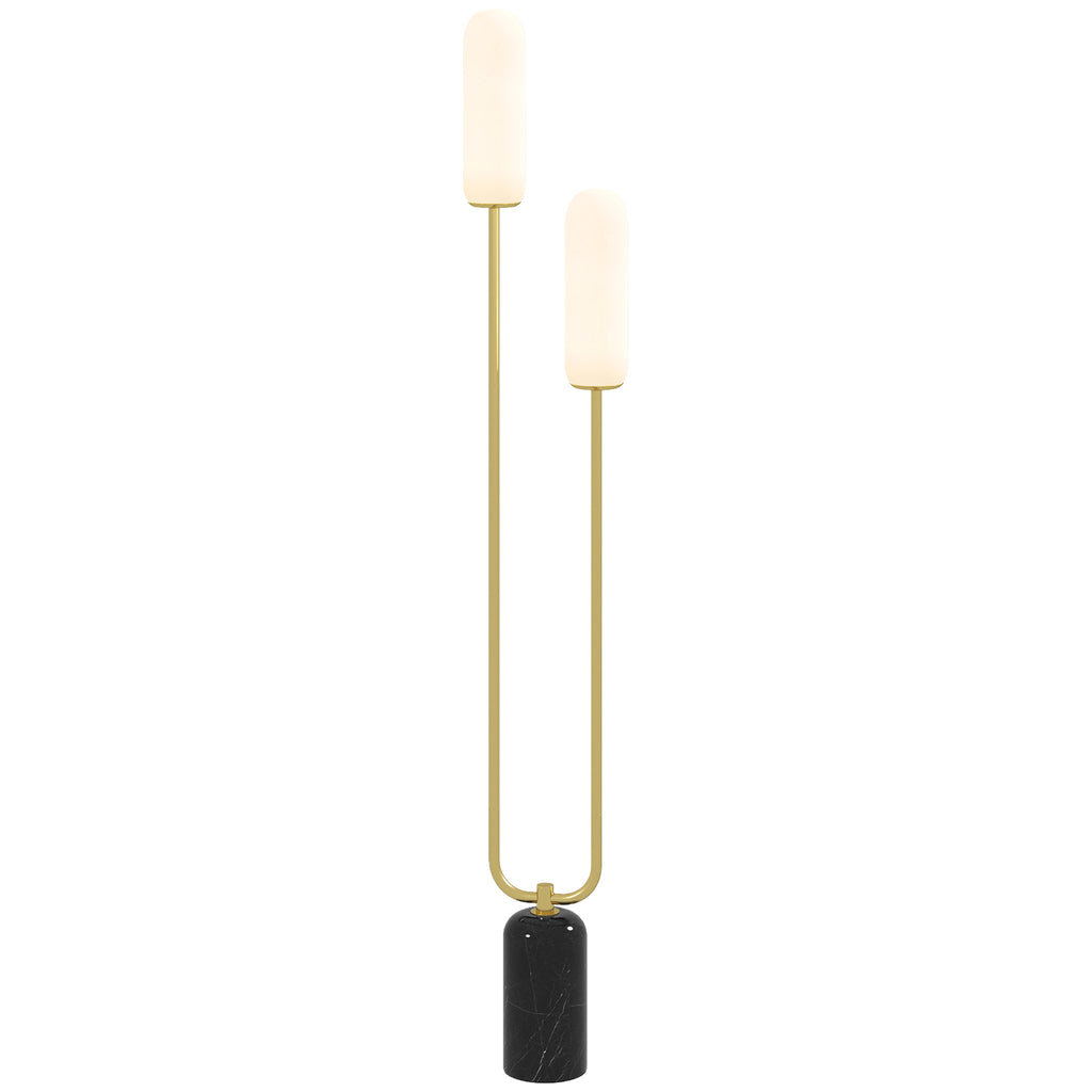U-Shaped Floor Lamp with 2 Lights, Foot Switch and Marble Base, 26x12x150 cm, White, Black and Gold