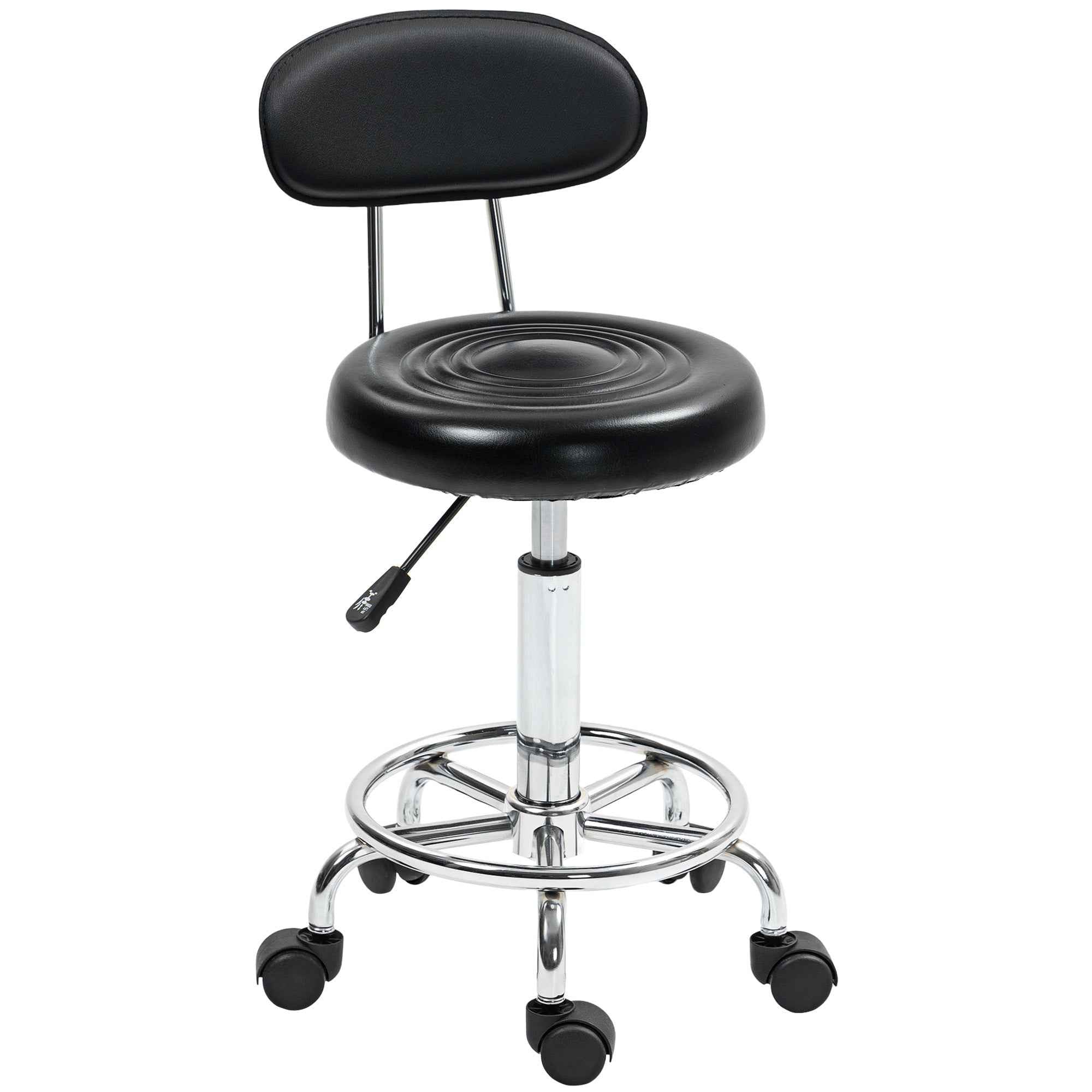 HOMCOM Adjustable 360° Swivel Stool with Backrest, Wheels and Footrest, in Steel, Faux Leather and Foam, Black