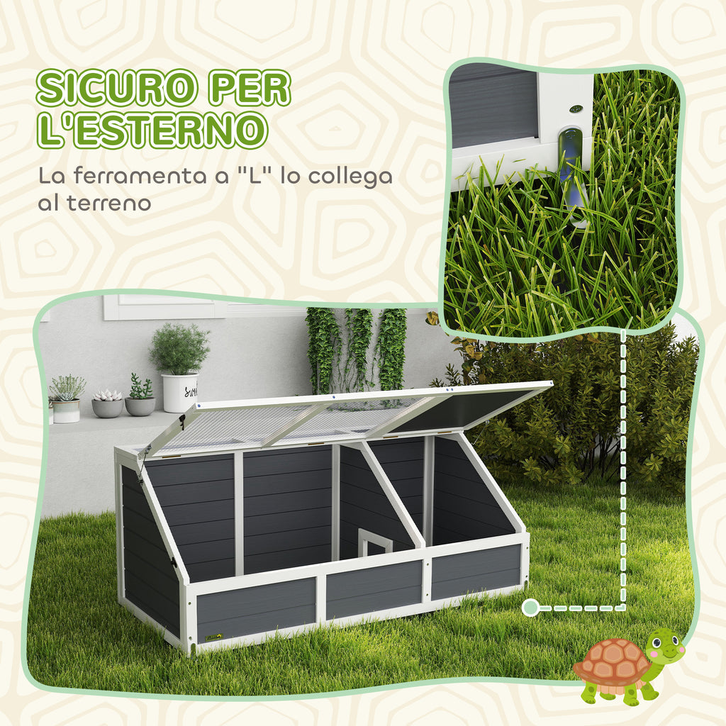 Bottomless Land Turtle House, in Fir Wood and Galvanized Steel, 120x55x50H cm, Gray and White