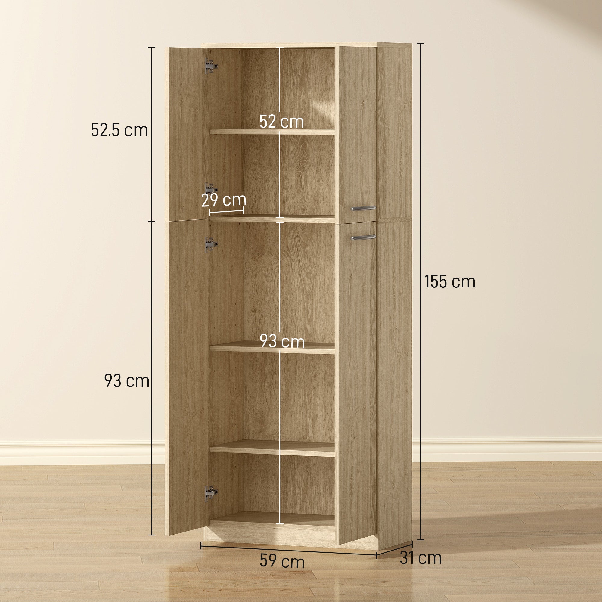 Minimal Storage Unit with 2 Cabinets and Adjustable Shelves, Oak-Colored Wood, 59x31x155 cm