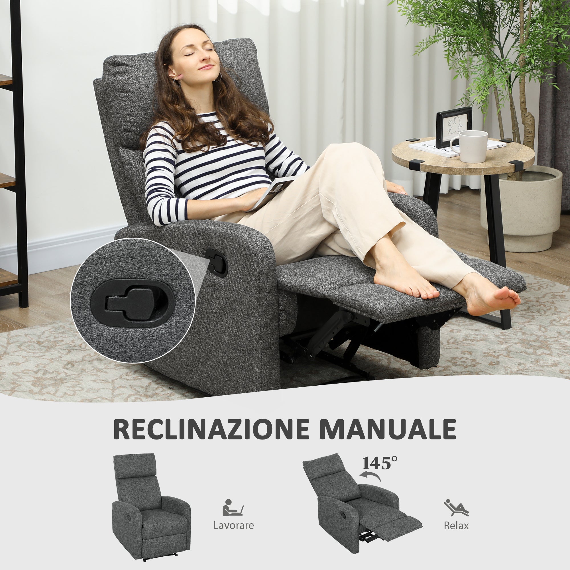 Modern Armchair with Manual Reclining 145° max Upholstered in Grey Chenille, 69x91x101 cm