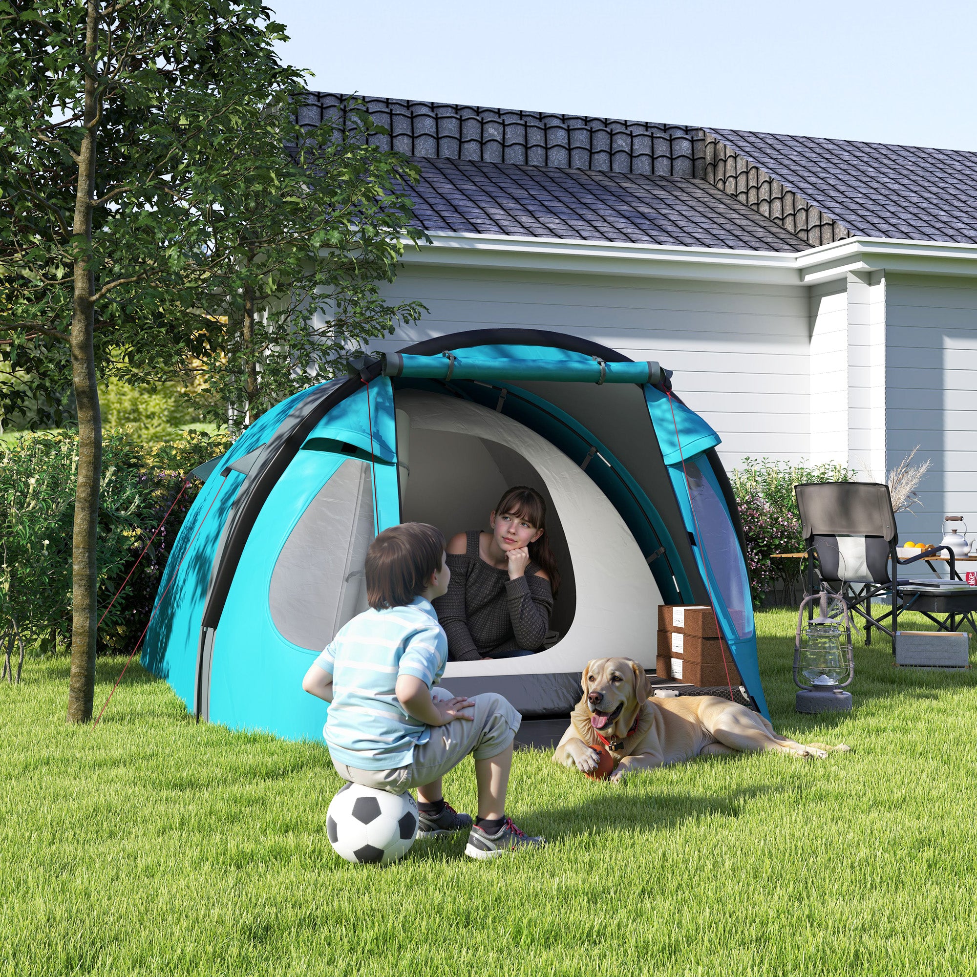 3-Person Camping Tent with Bedroom and Veranda, 3000mm Waterproof and Transport Bag, Light Blue