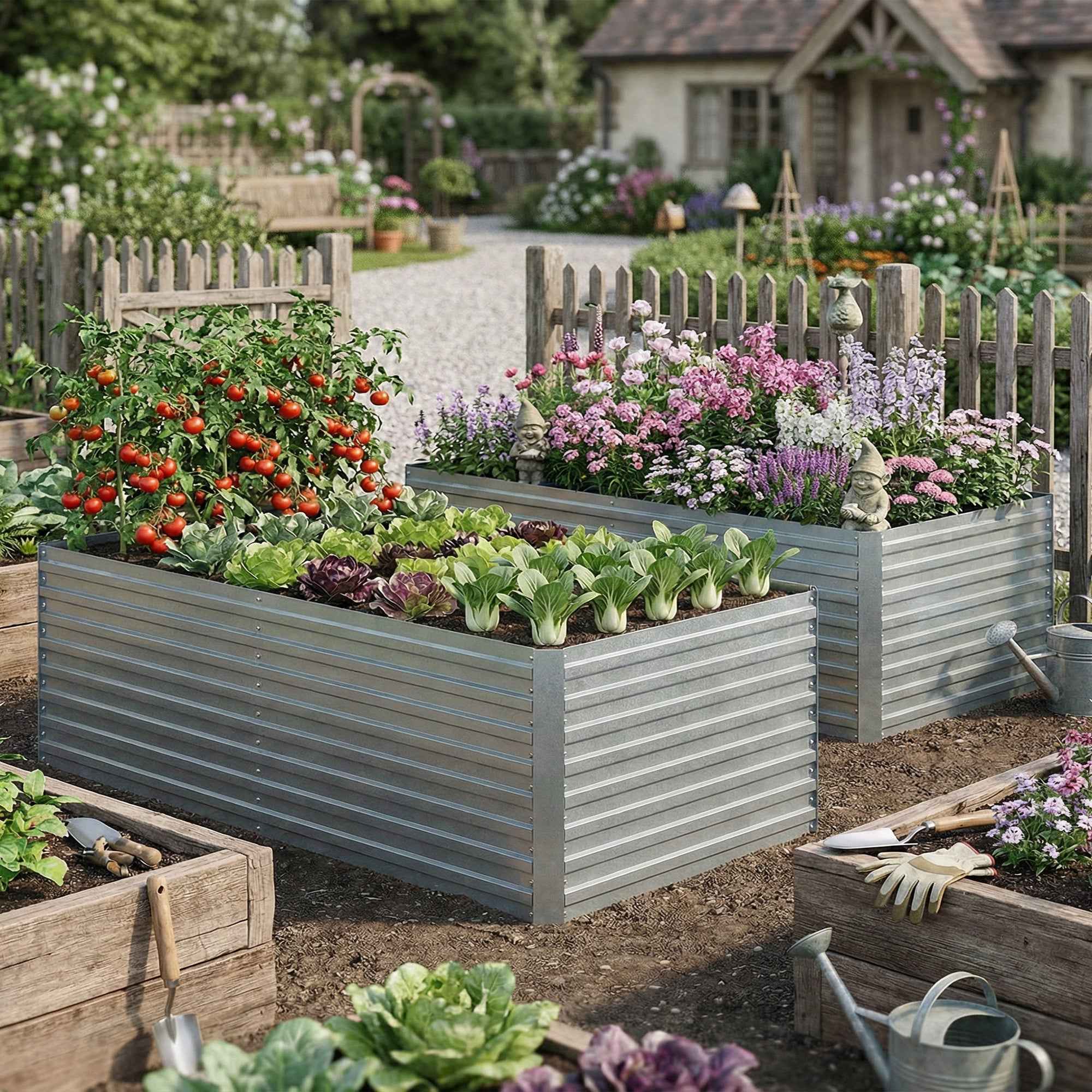 Outsunny Set of 2 Galvanized Metal Raised Garden Beds with Secure Edge, Elevated Vegetable Planter, Silver