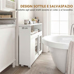HOMCOM Wooden Bathroom Cabinet with Wheels, Open Space, Adjustable Shelves and Glass Doors, 71x20x70 cm, White