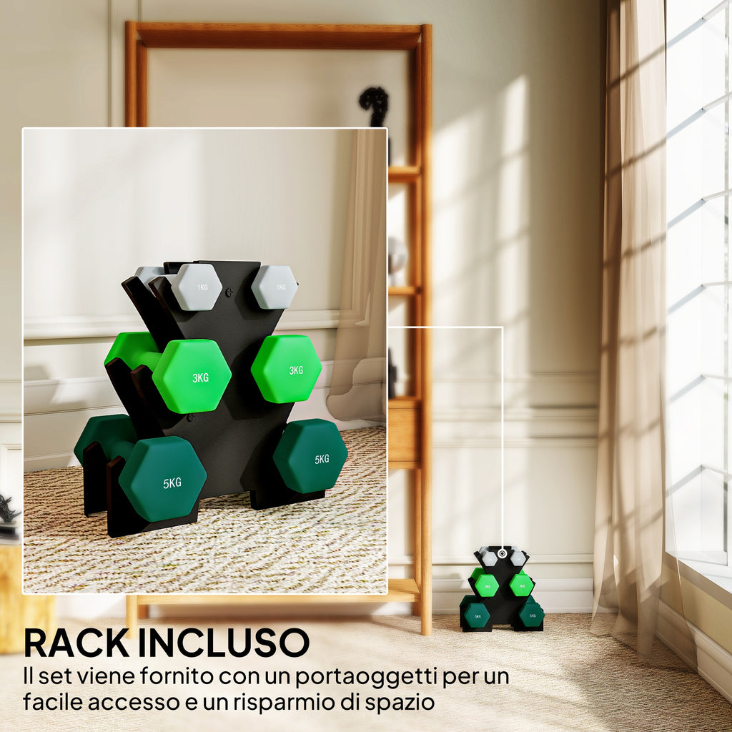 18kg Total Hex Weight Kit with Stand Included, in Steel, Metal and Plastic, Multicolored