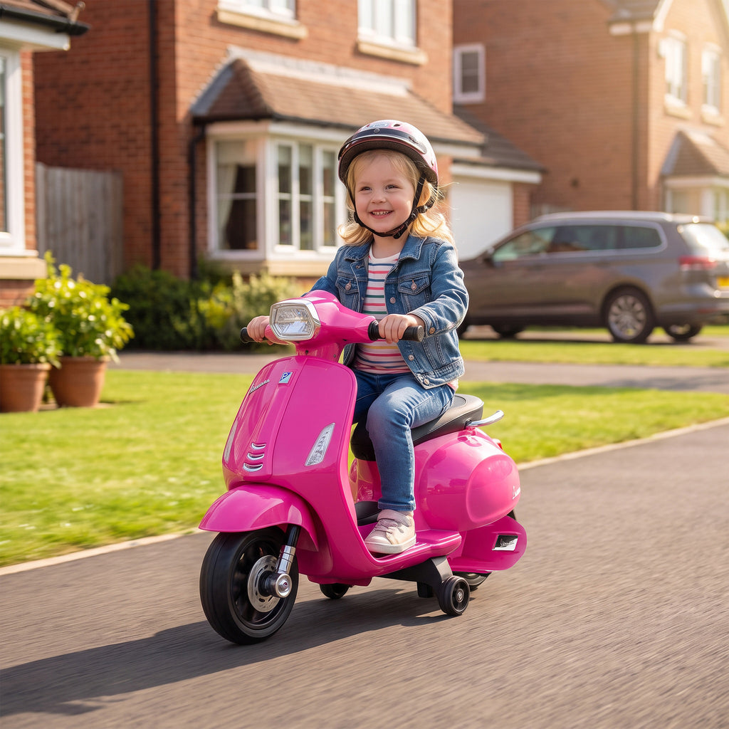 AIYAPLAY Kids Electric Motorcycle with Vespa License, 6V Rechargeable Battery, Training Wheels and Lights, Ages 2-4 Years, Pink
