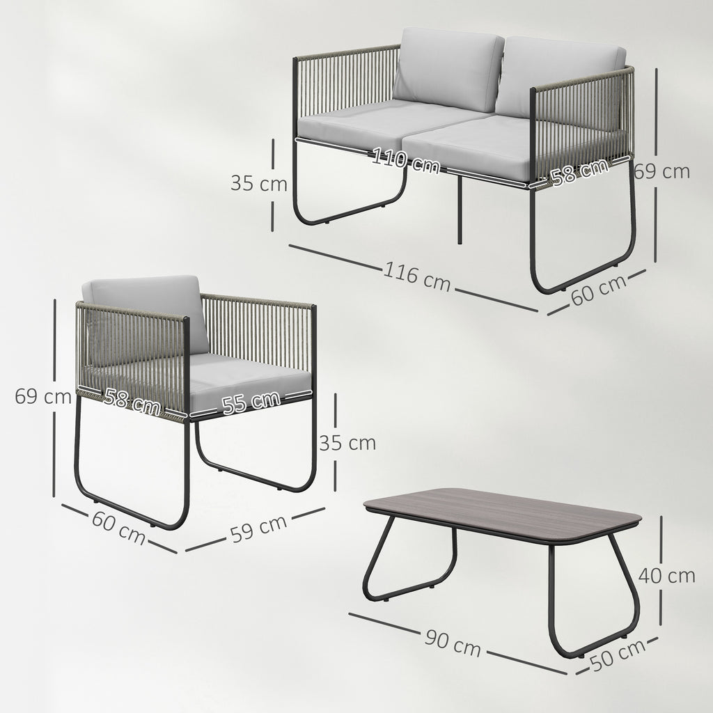Rattan Garden Set with 2 Seater Sofa, 2 Armchairs and Glass Table, Removable Cushions, Grey