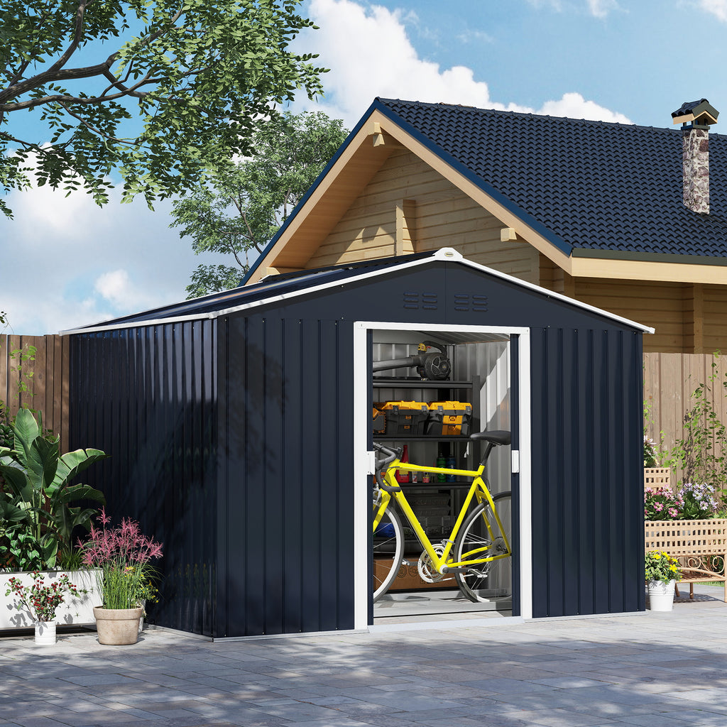 Steel Tool Shed with Sloped Roof and 2 Sliding Doors, 277x195x192 cm, Dark Grey
