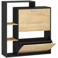HOMCOM Shoe Cabinet: 2 Flap Drawers, Shelves, Black and Natural Wood.