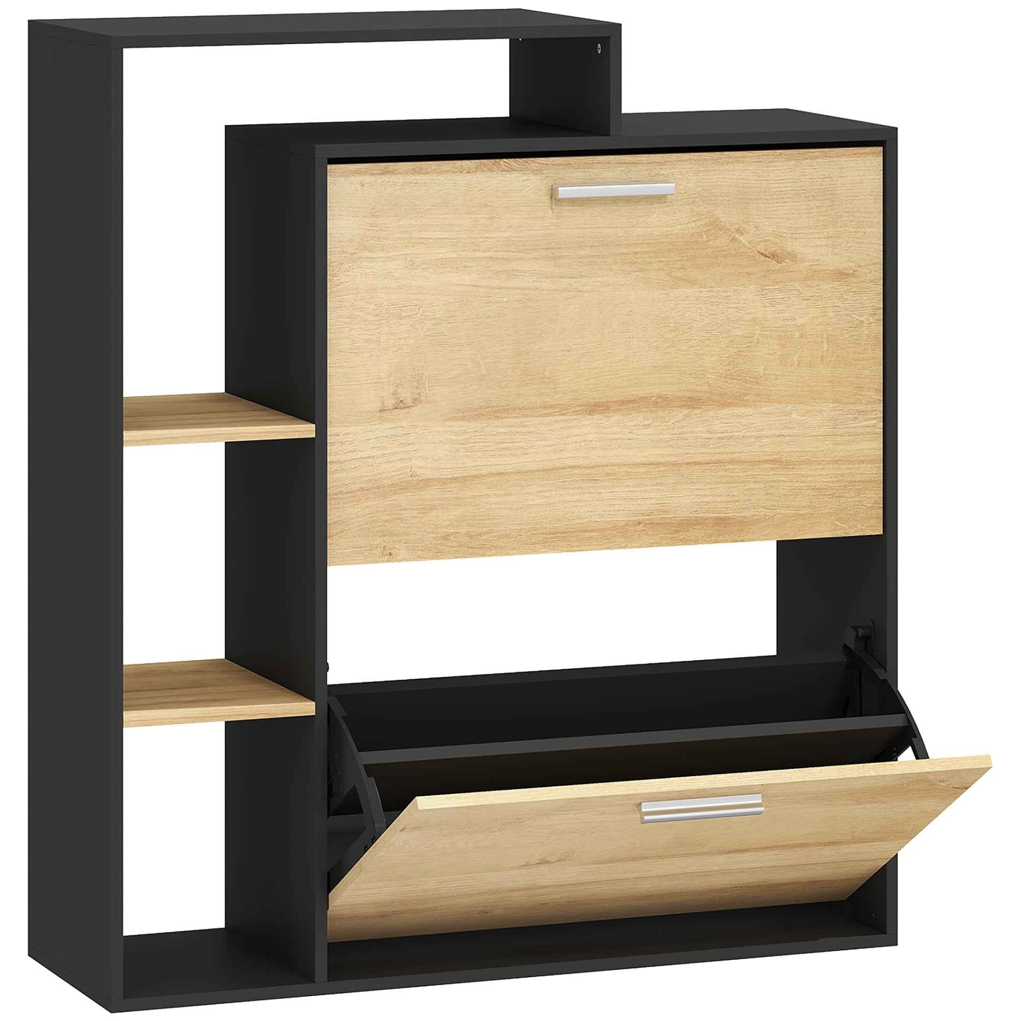 HOMCOM Shoe Cabinet: 2 Flap Drawers, Shelves, Black and Natural Wood.