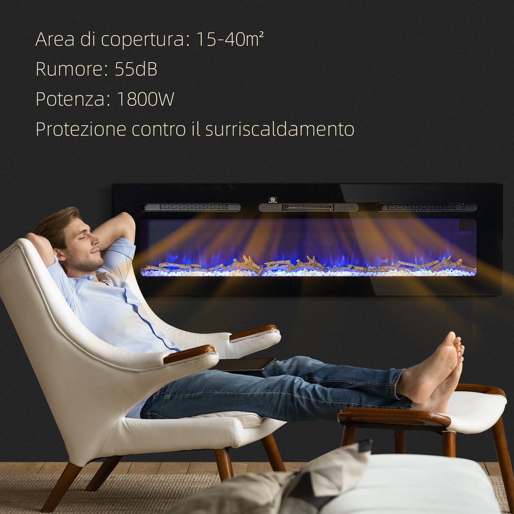 Electric Fireplace 1800W Adjustable with Remote Control, in Steel and Tempered Glass, 152.4x15.8x45 cm, Black