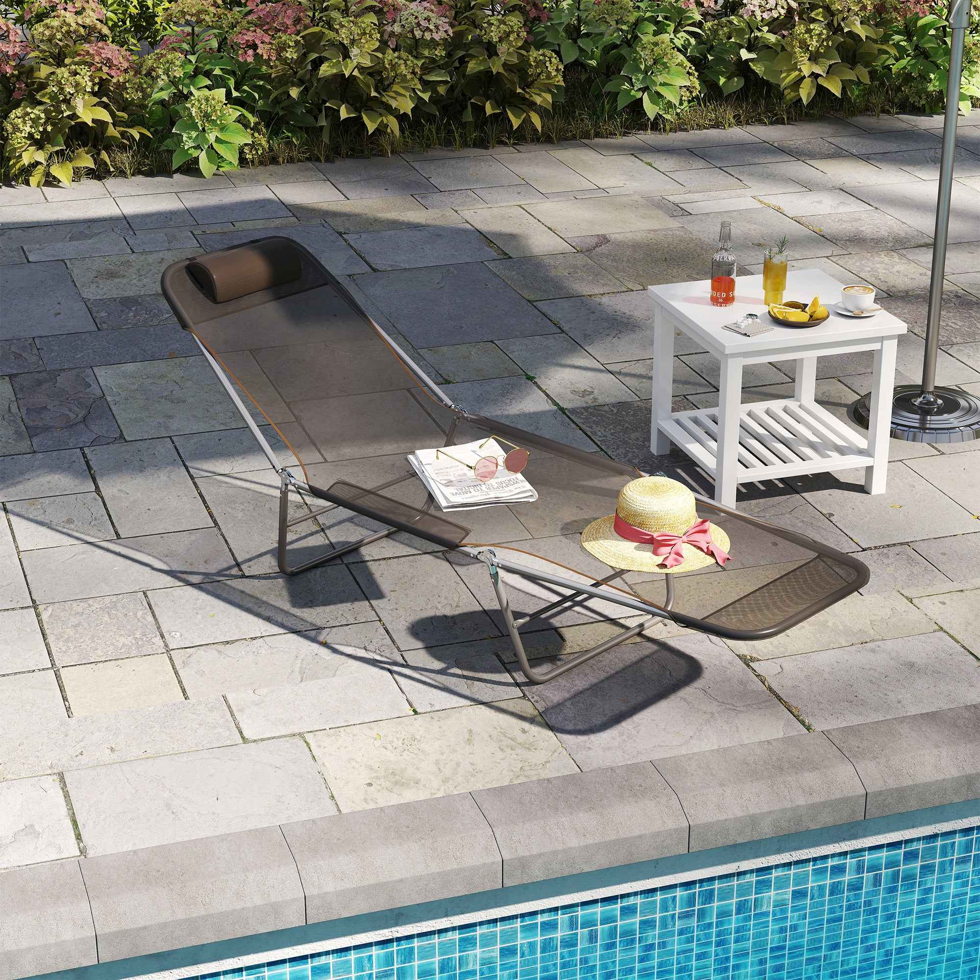 Outsunny Folding Sun Lounger with Reclining Backrest and Cushion, 182 x 56 x 24.5 cm, Brown and Silver