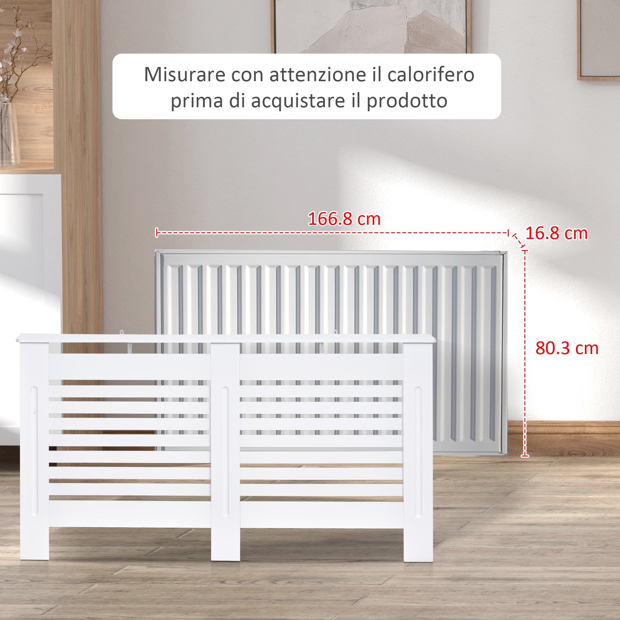 Slatted Radiator Cover with Storage Shelf, Wooden, 172x19x81 cm, White