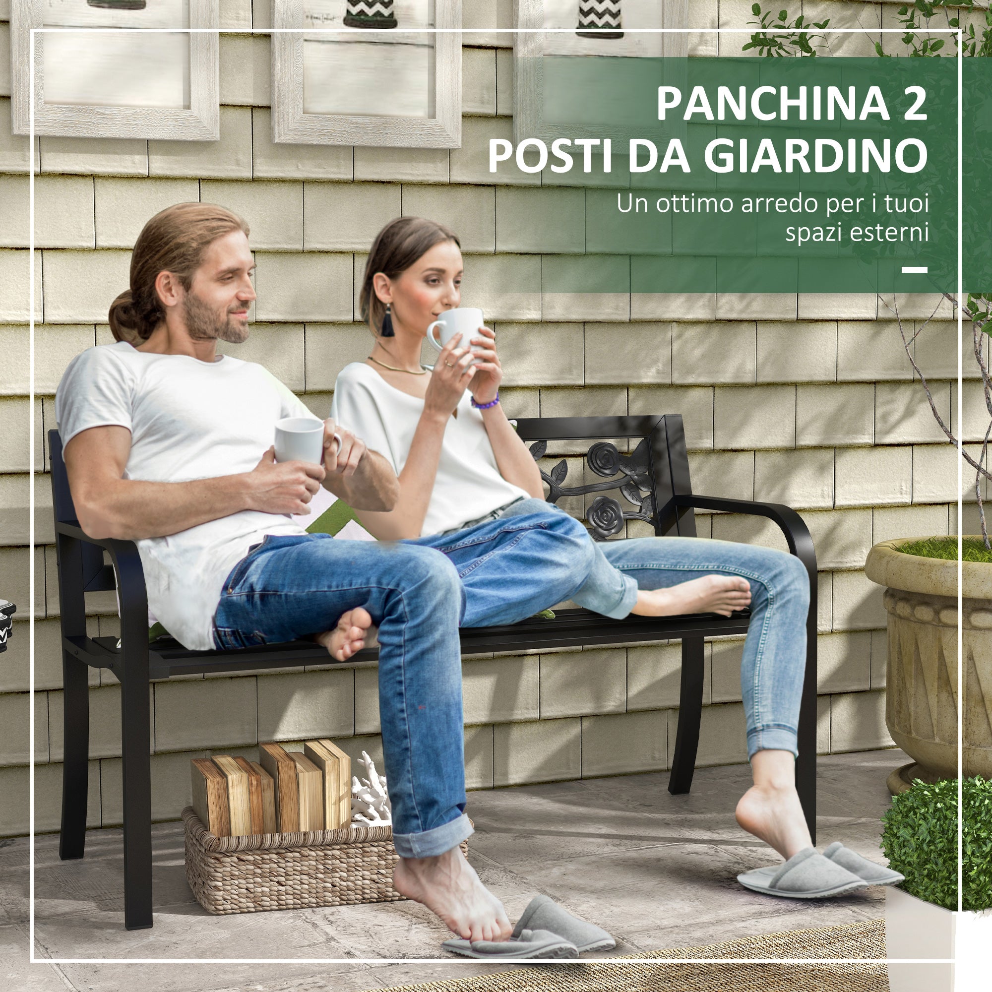 Outsunny Garden bench 2 seats in steel with decorated back and armrests, 127x50x75cm, black - Borgè