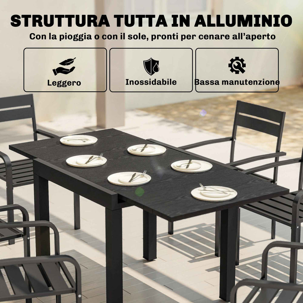 Outsunny Extendable Garden Table for 4-6 People with Slatted Top, Aluminum, 80/160x80x75 cm, Black