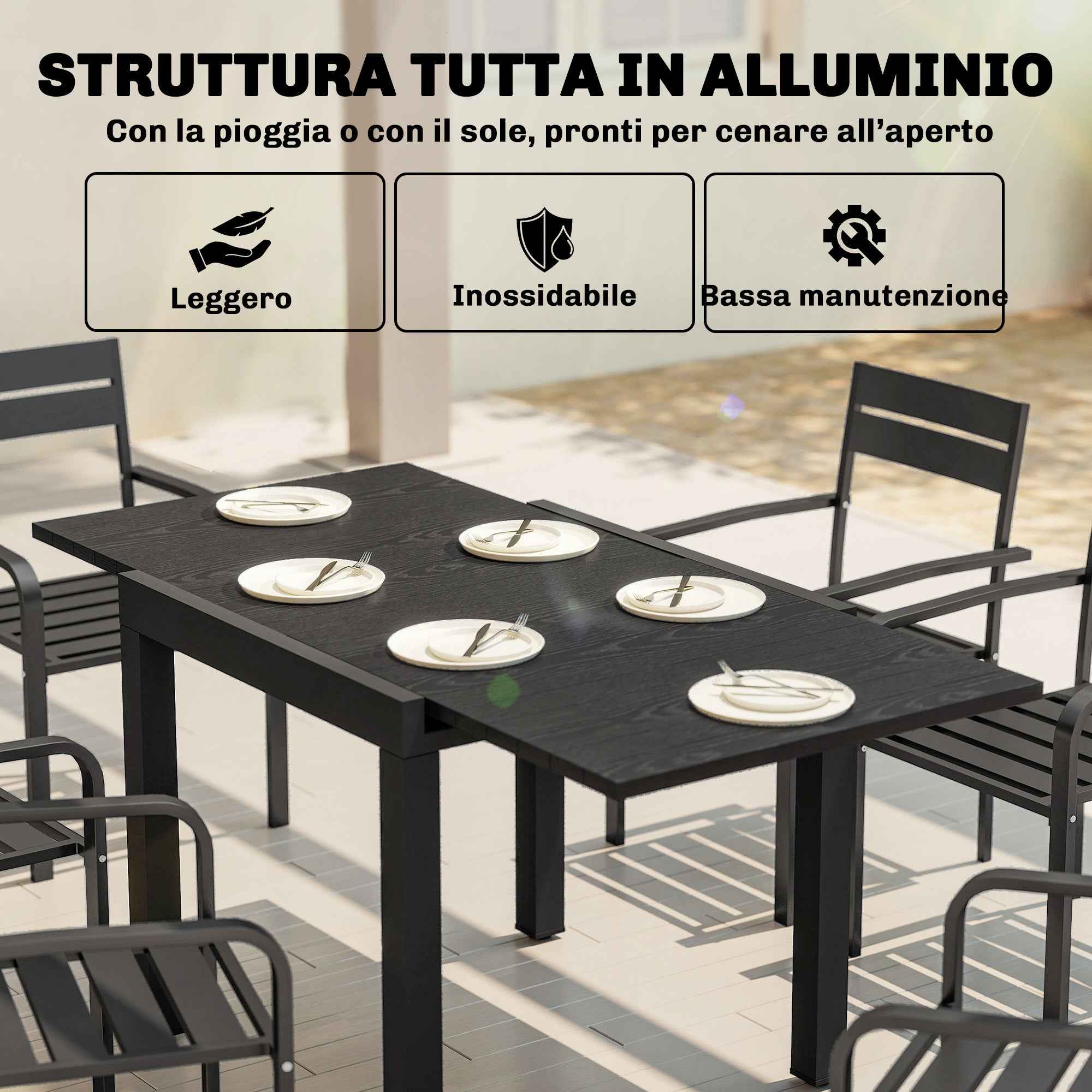 Outsunny Extendable Garden Table for 4-6 People with Slatted Top, Aluminum, 80/160x80x75 cm, Black