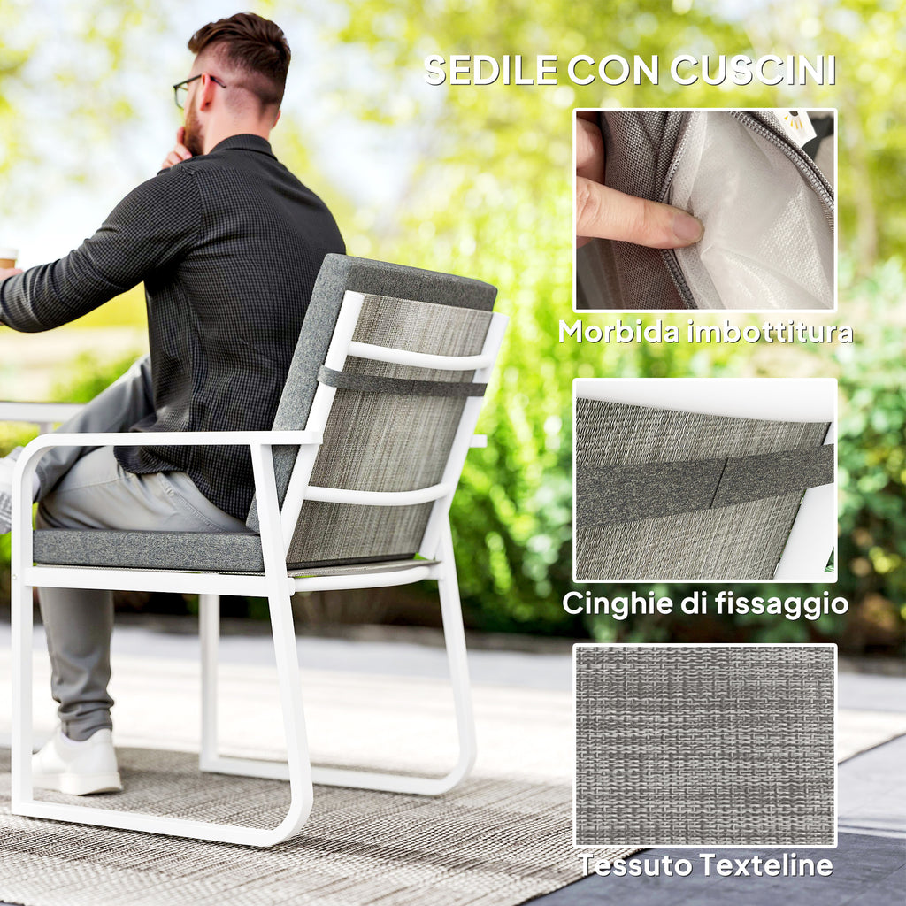 3 Piece Outdoor Set with 2 Chairs with Armrests and Cushions and Glass Top Table, White