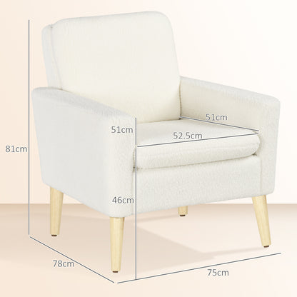 HOMCOM Padded Living Room Armchair, Modern Armchair in Fleece and Wood, 75x78x81 cm, Cream White