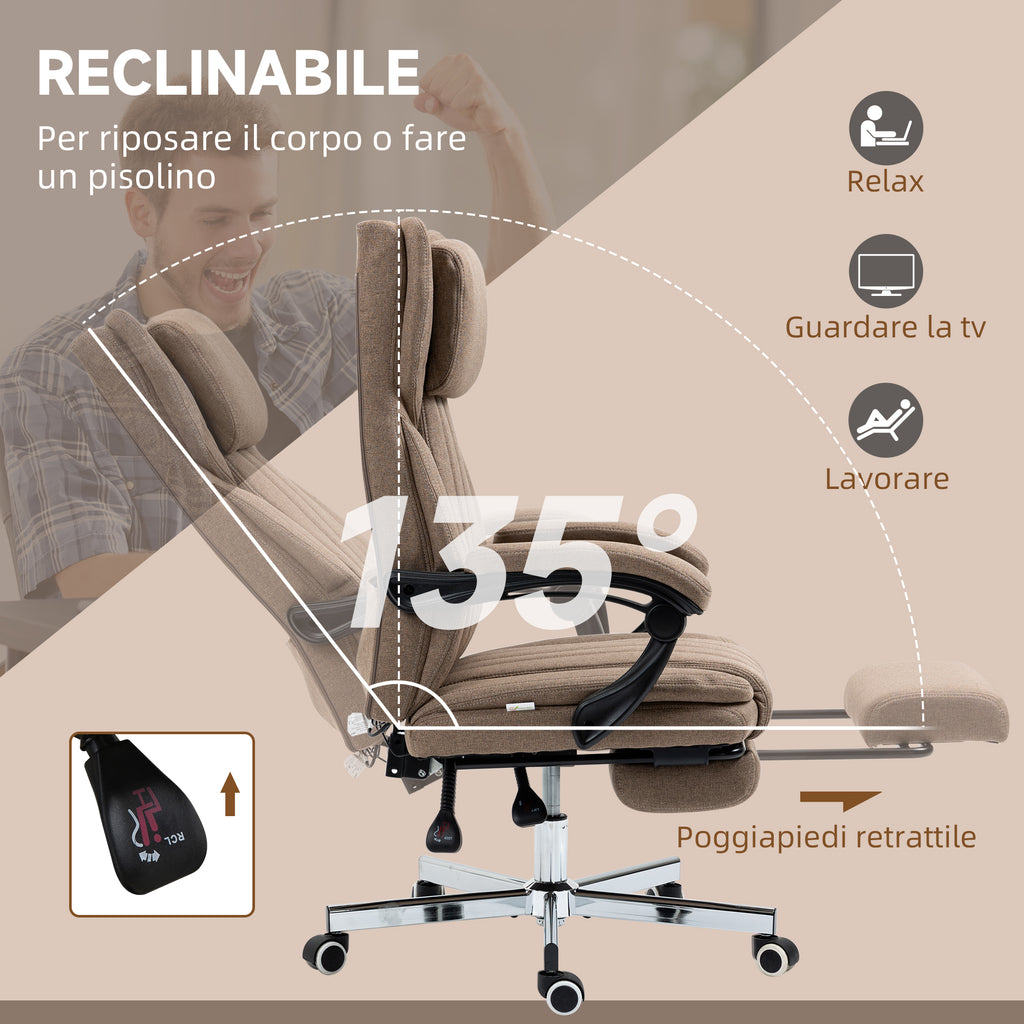 Massage Office Chair with Footrest and Remote Control, in Linen Effect Fabric, 65x61x105-113 cm, Brown