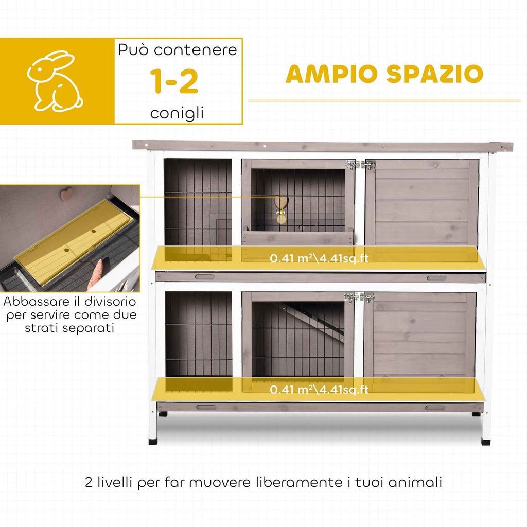 PawHut 2-Tier Wooden Rabbit Hutch with Opening Roof, Removable Feeder and Trays, 122x50x101 cm, Brown