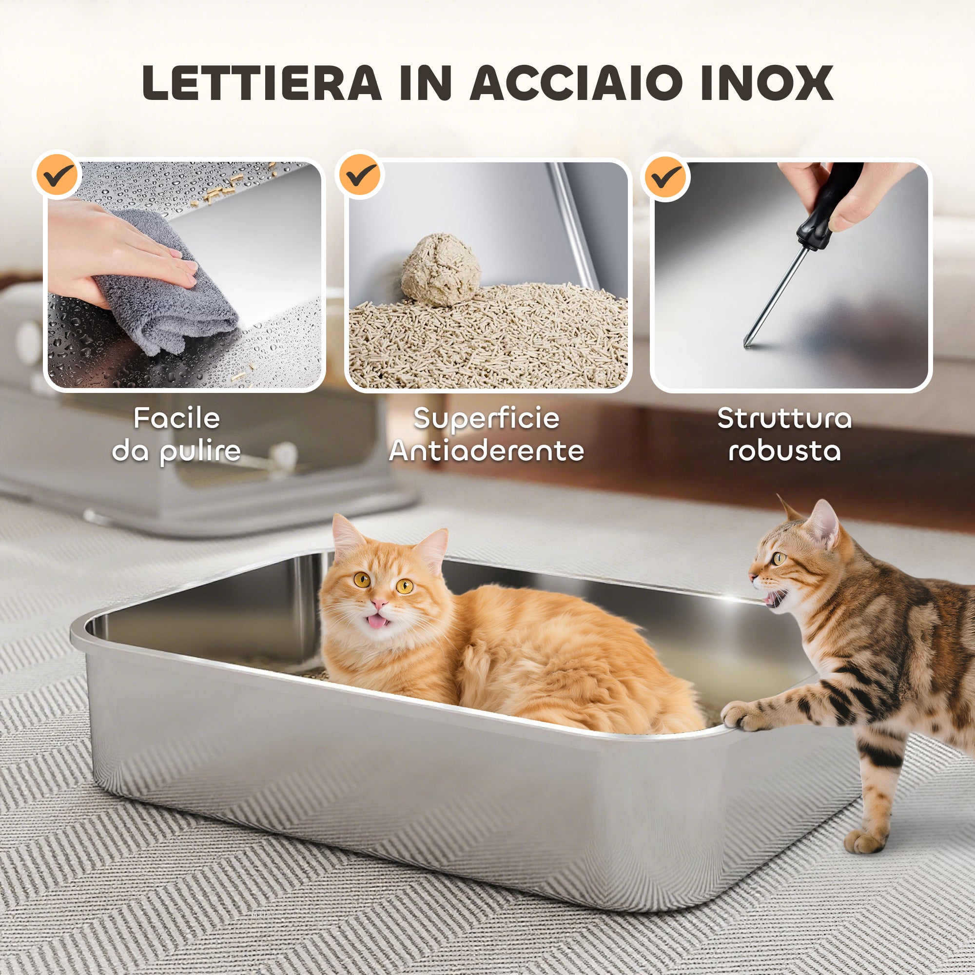 XXL Stainless Steel Enclosed Cat Litter Box, 90° Opening Lid and Double Doors, 70x50x46.5 cm, Grey