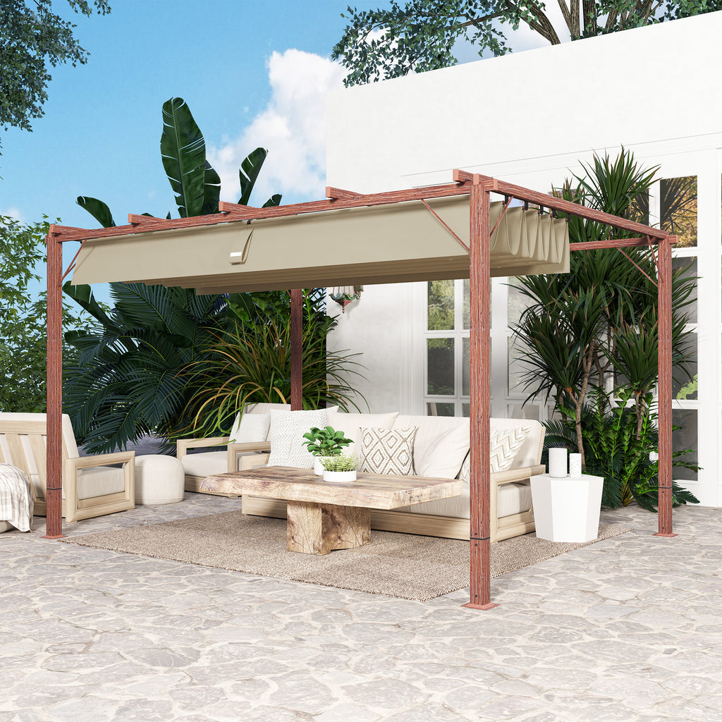 Gazebo Pergola with Retractable Roof, Pegs and Screws, in Polyester and Aluminum, 382x300x232 cm, Wood Color