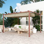 Gazebo Pergola with Retractable Roof, Pegs and Screws, in Polyester and Aluminum, 382x300x232 cm, Wood Color