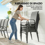 Outsunny 9-Piece Outdoor Set with 8 Stackable Texteline Chairs and Glass-Top Coffee Table, Light Grey