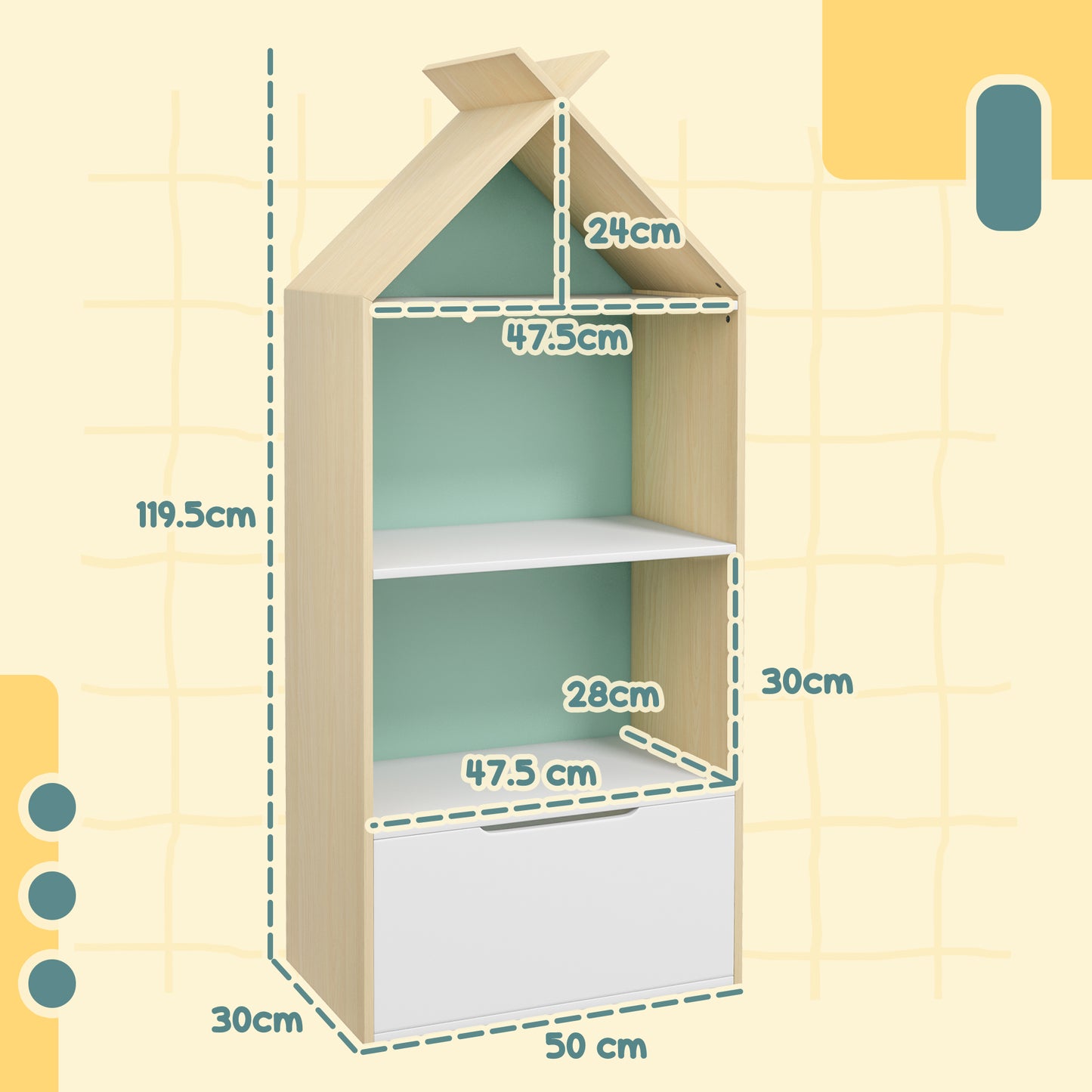 AIYAPLAY Children's Bookcase with 3 Shelves with Drawer and Anti-Tip Device, 50x30x119.5cm, Green