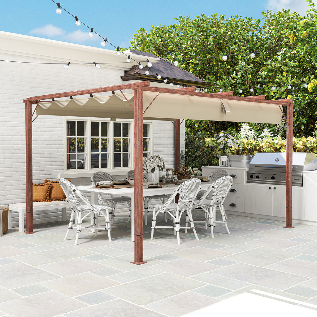 Gazebo Pergola with Retractable Roof, Pegs and Screws, in Polyester and Aluminum, 382x300x232 cm, Wood Color